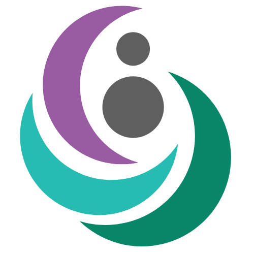 Purple, cyan, and green swipes of color surrounding two grey dots meant to look like figure